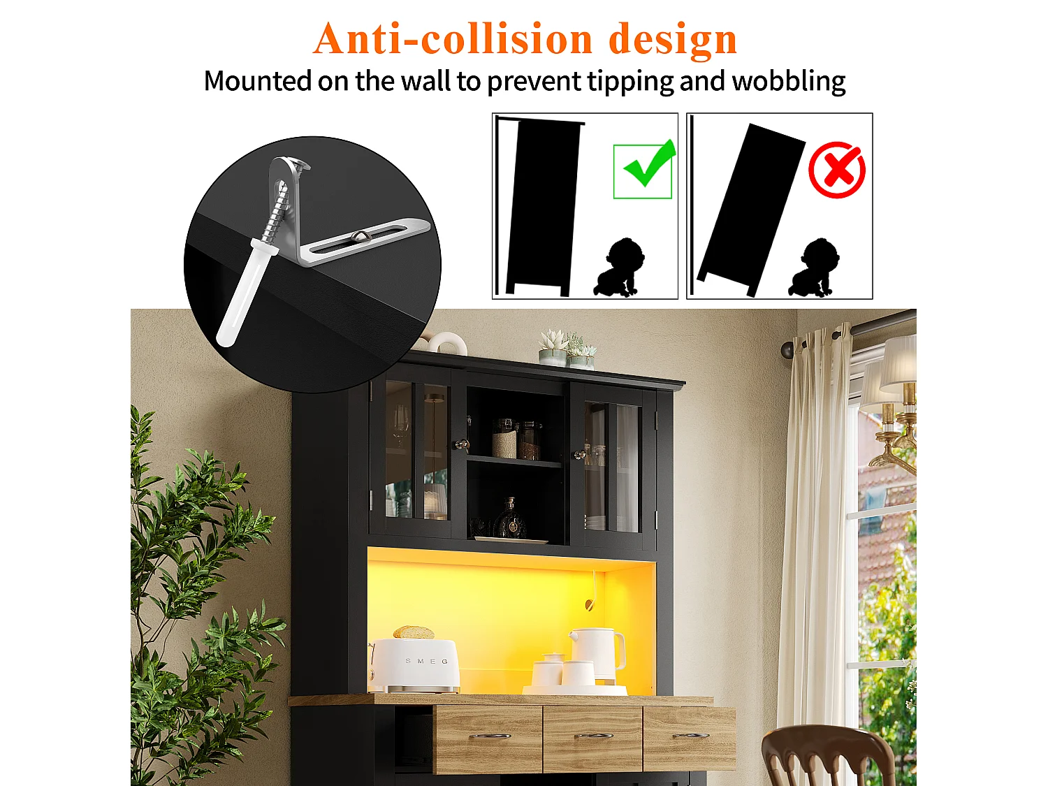 Buffet haut de cuisine avec 4 portes + 3 tiroirs + étagère + Leds - 106 x 40 x 179.5 cm - MDF - noir