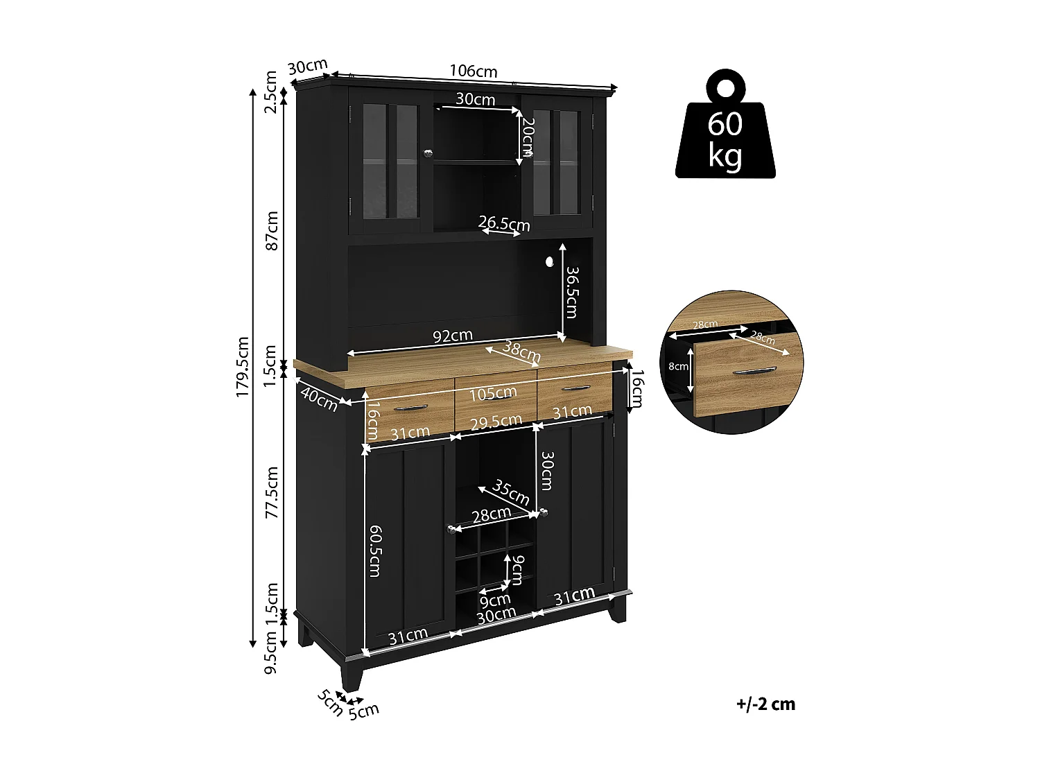 Buffet haut de cuisine avec 4 portes + 3 tiroirs + étagère + Leds - 106 x 40 x 179.5 cm - MDF - noir