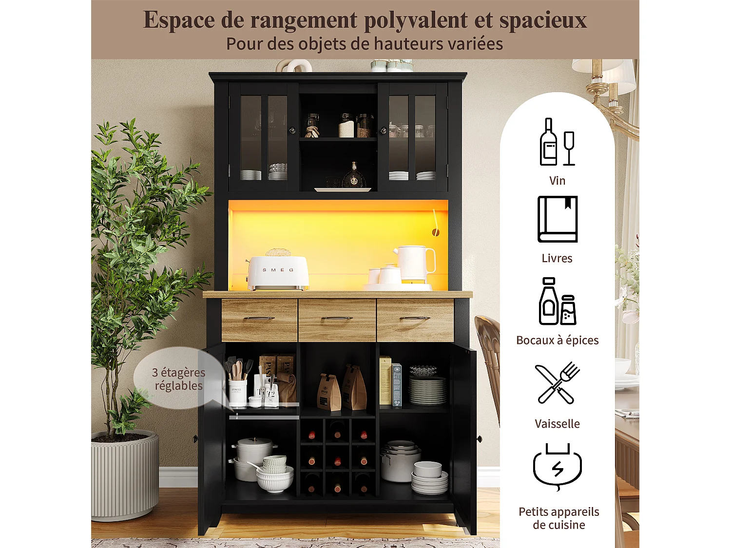 Buffet haut de cuisine avec 4 portes + 3 tiroirs + étagère + Leds - 106 x 40 x 179.5 cm - MDF - noir