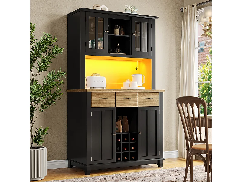 Buffet haut de cuisine avec 4 portes + 3 tiroirs + étagère + Leds - 106 x 40 x 179.5 cm - MDF - noir