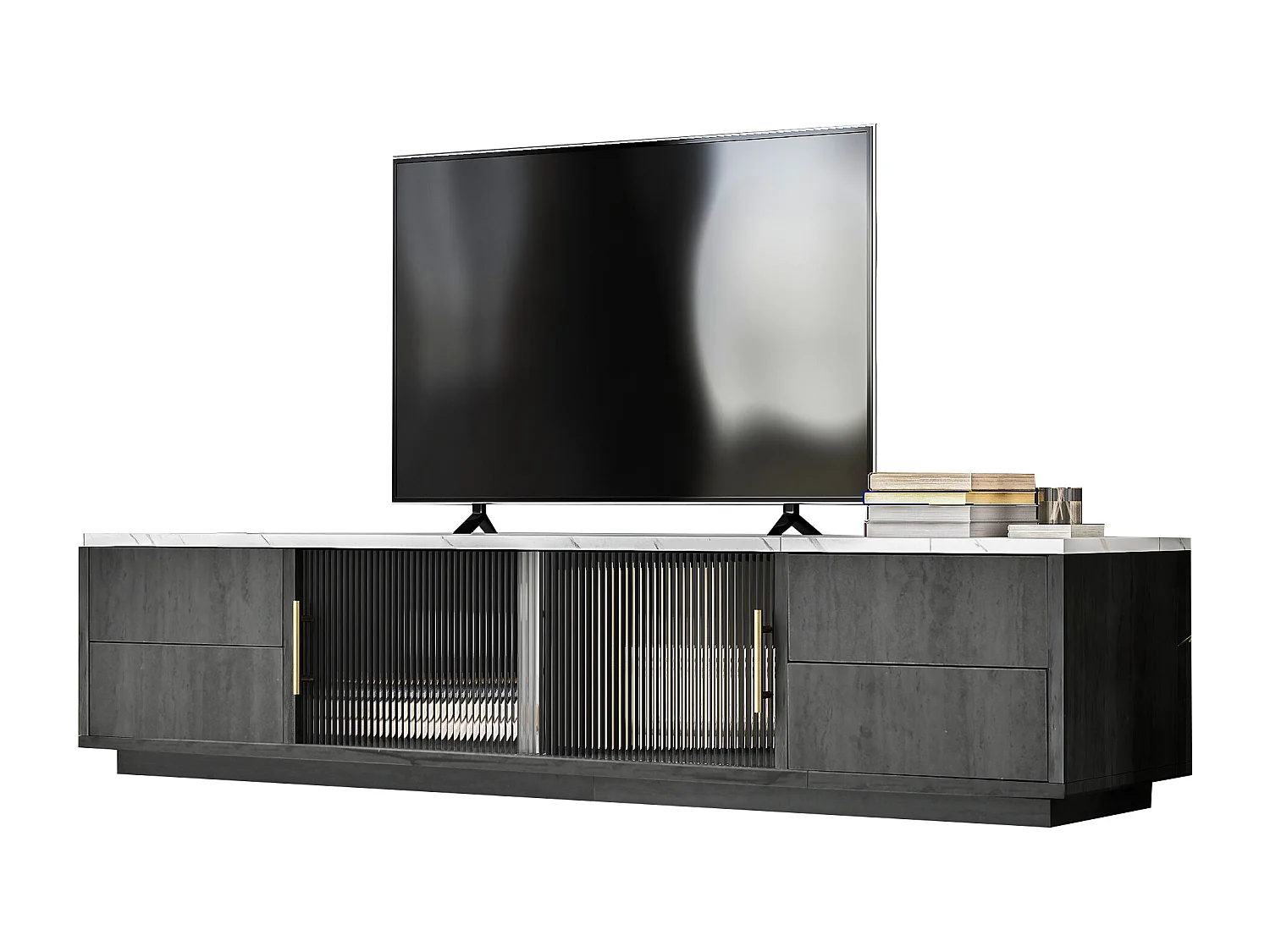 TV-Ständer 160 x 40 x 38,5 cm für 70-Zoll-Fernseher – graue Marmoroptik-Platte – 4 Schubladen und 2 Glasschiebetüren – grau