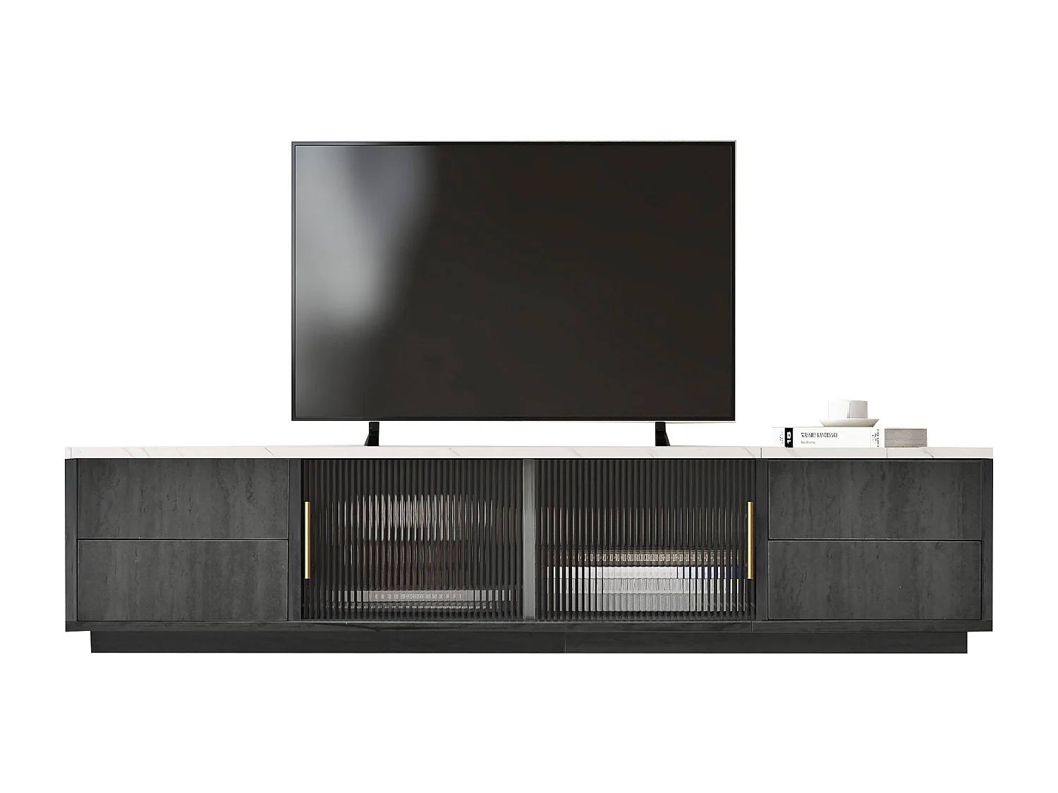 TV-Ständer 160 x 40 x 38,5 cm für 70-Zoll-Fernseher – graue Marmoroptik-Platte – 4 Schubladen und 2 Glasschiebetüren – grau