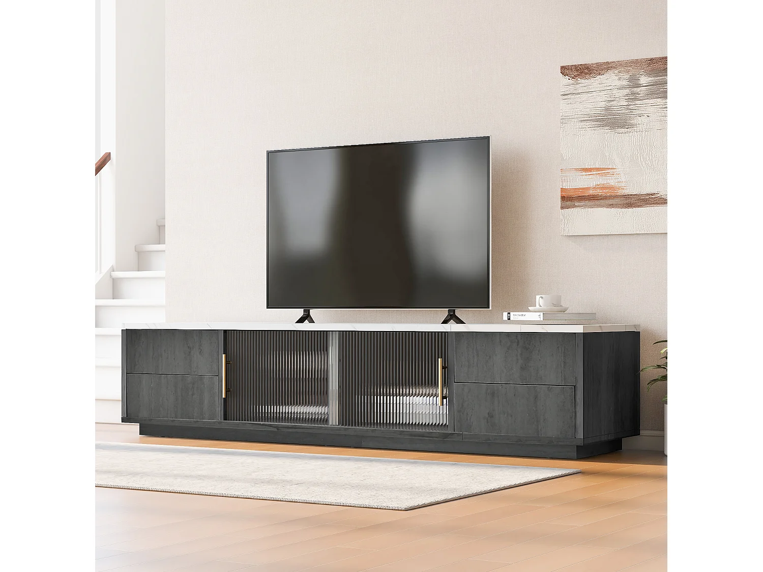 Meuble TV 160 x 40 x 38.5 pour TV 70 pouces - plateau gris marbré - 4 tiroirs et 2 portes coulissantes en verre - gris