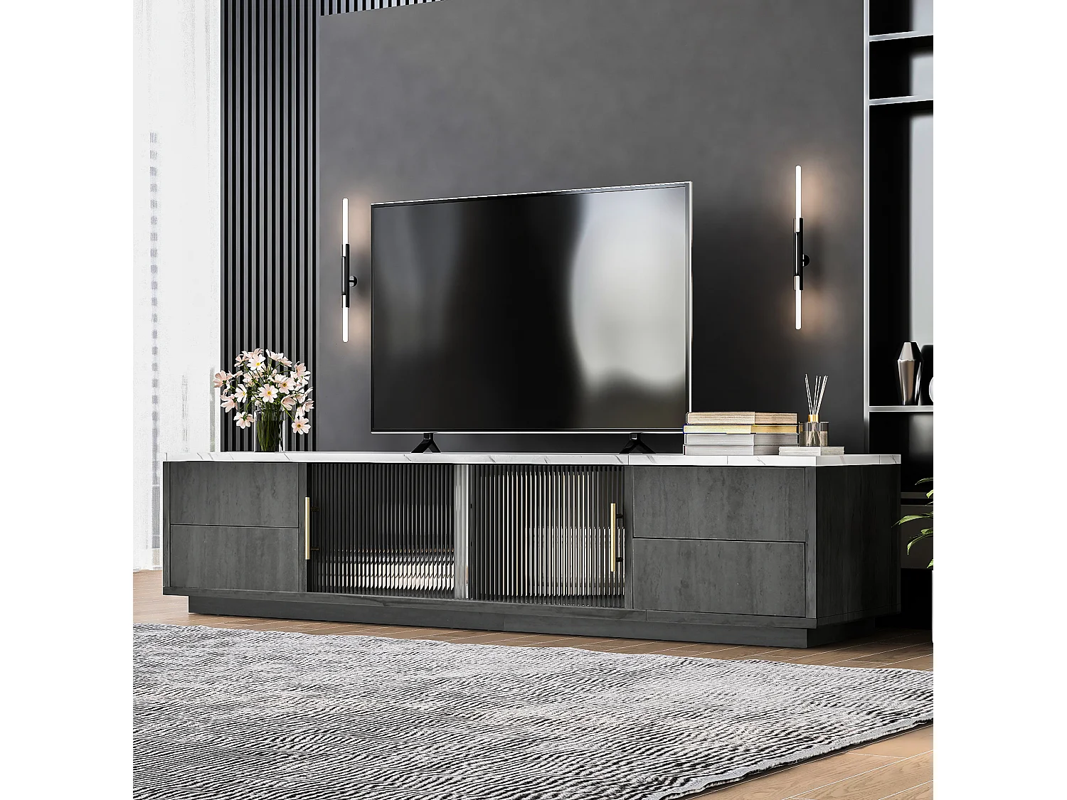 Meuble TV 160 x 40 x 38.5 pour TV 70 pouces - plateau gris marbré - 4 tiroirs et 2 portes coulissantes en verre - gris