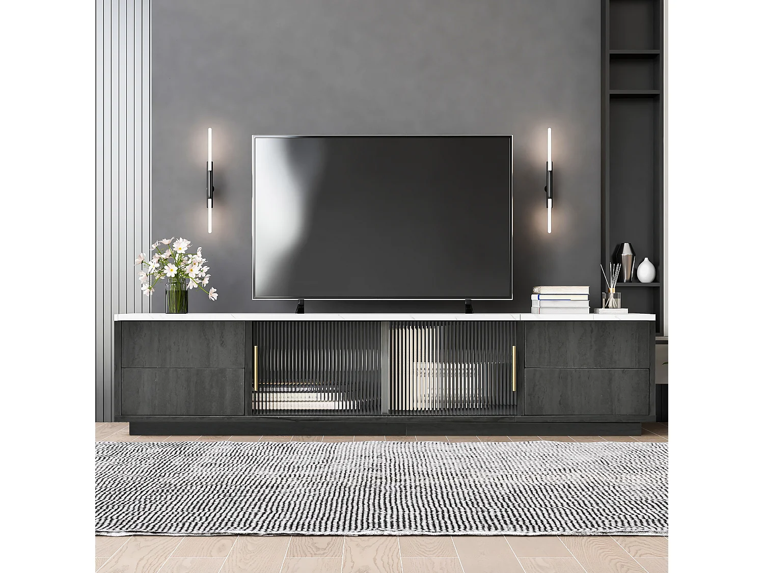 Meuble TV 160 x 40 x 38.5 pour TV 70 pouces - plateau gris marbré - 4 tiroirs et 2 portes coulissantes en verre - gris