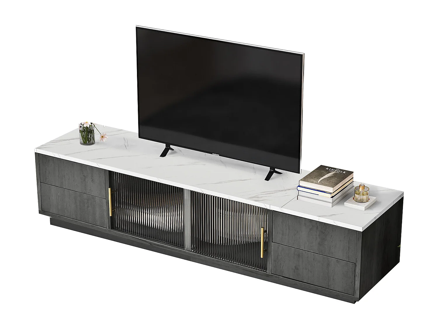 Meuble TV 160 x 40 x 38.5 pour TV 70 pouces - plateau gris marbré - 4 tiroirs et 2 portes coulissantes en verre - gris