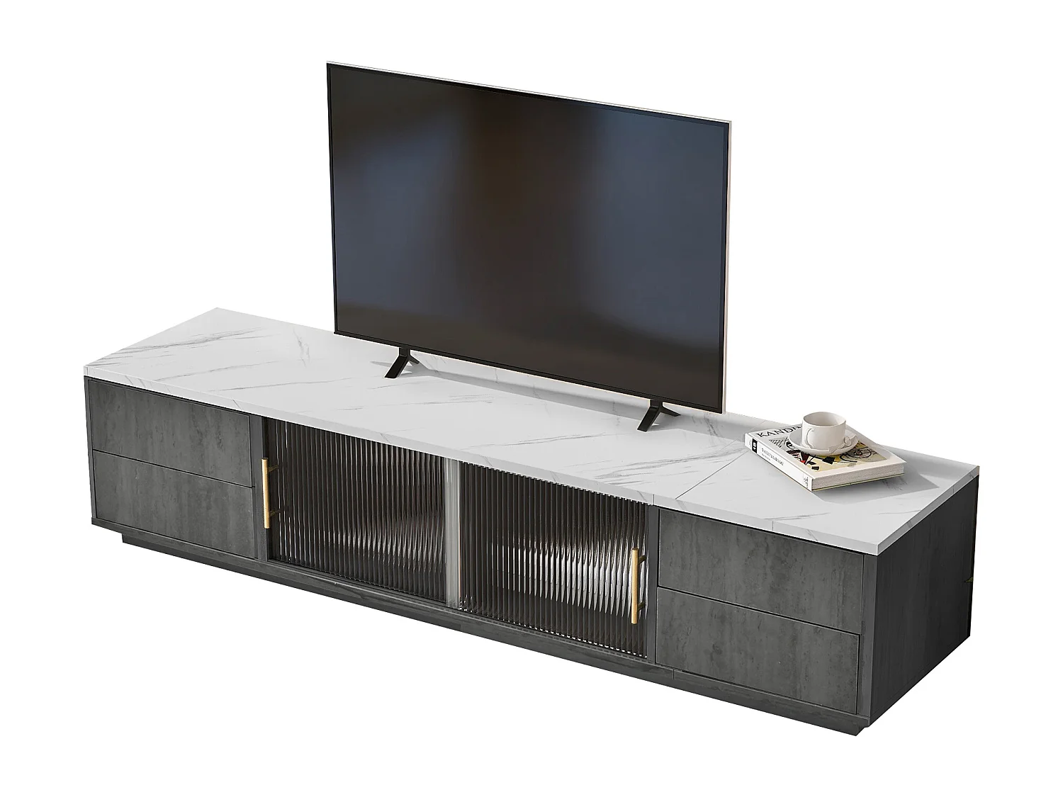 Meuble TV 160 x 40 x 38.5 pour TV 70 pouces - plateau gris marbré - 4 tiroirs et 2 portes coulissantes en verre - gris