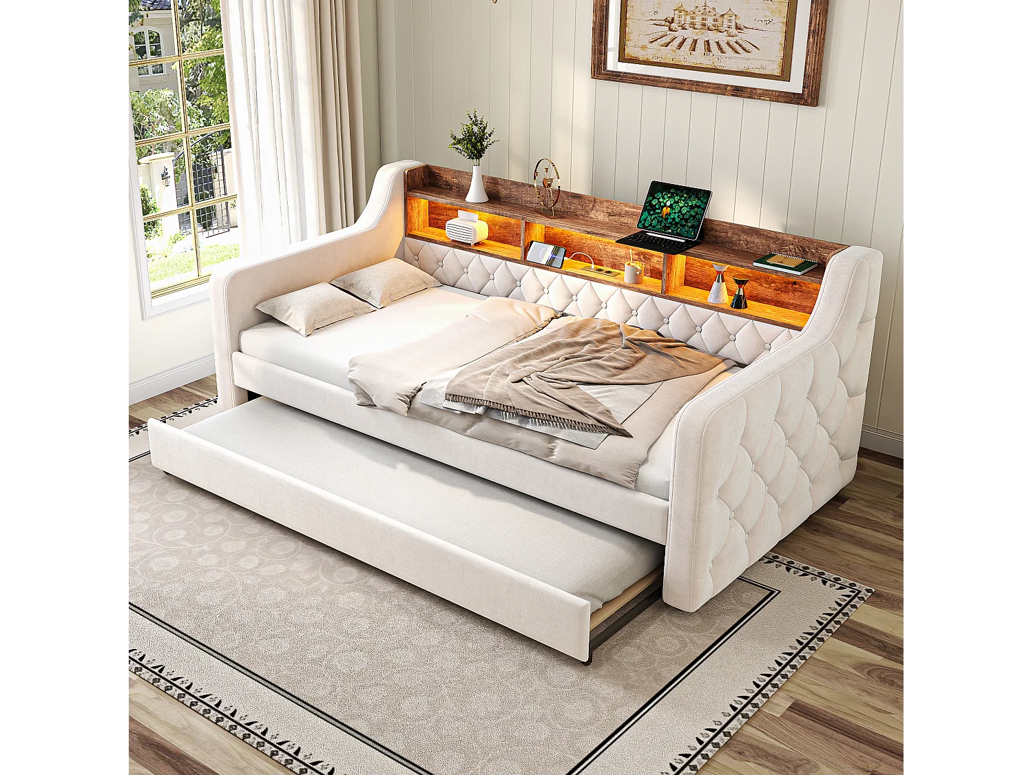 Canapé-lit avec lit gigogne - 2 x 90 x 190 cm - avec étagère de rangement + Leds + USB - velours - Beige