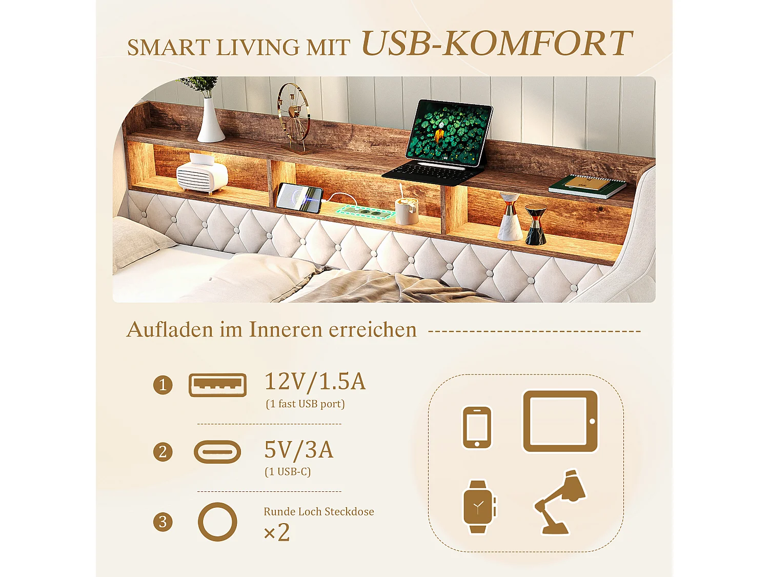 Canapé-lit avec lit gigogne - 2 x 90 x 190 cm - avec étagère de rangement + Leds + USB - velours - Beige