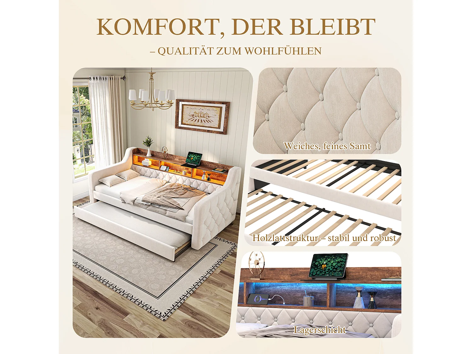 Canapé-lit avec lit gigogne - 2 x 90 x 190 cm - avec étagère de rangement + Leds + USB - velours - Beige