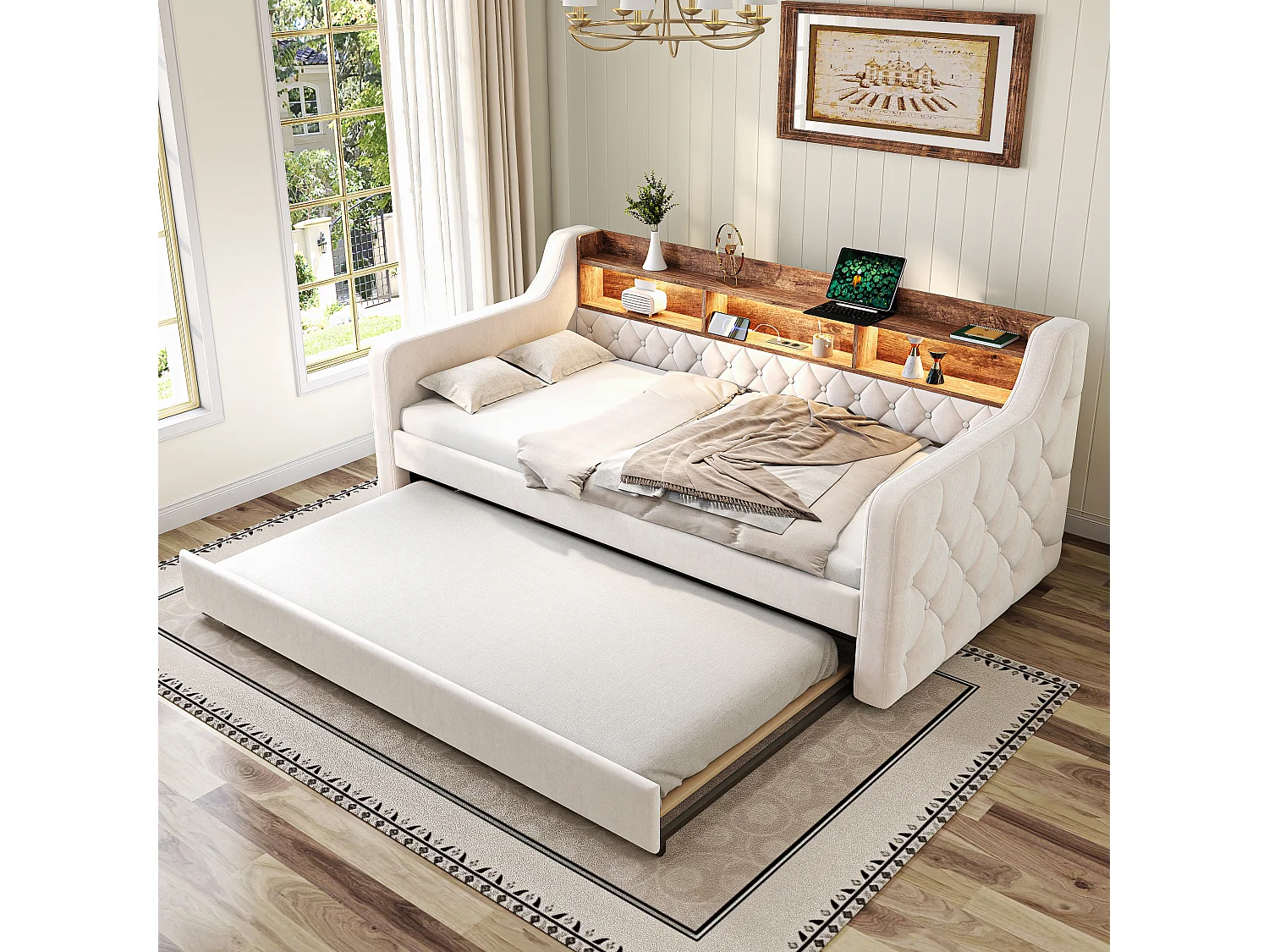 Canapé-lit avec lit gigogne - 2 x 90 x 190 cm - avec étagère de rangement + Leds + USB - velours - Beige