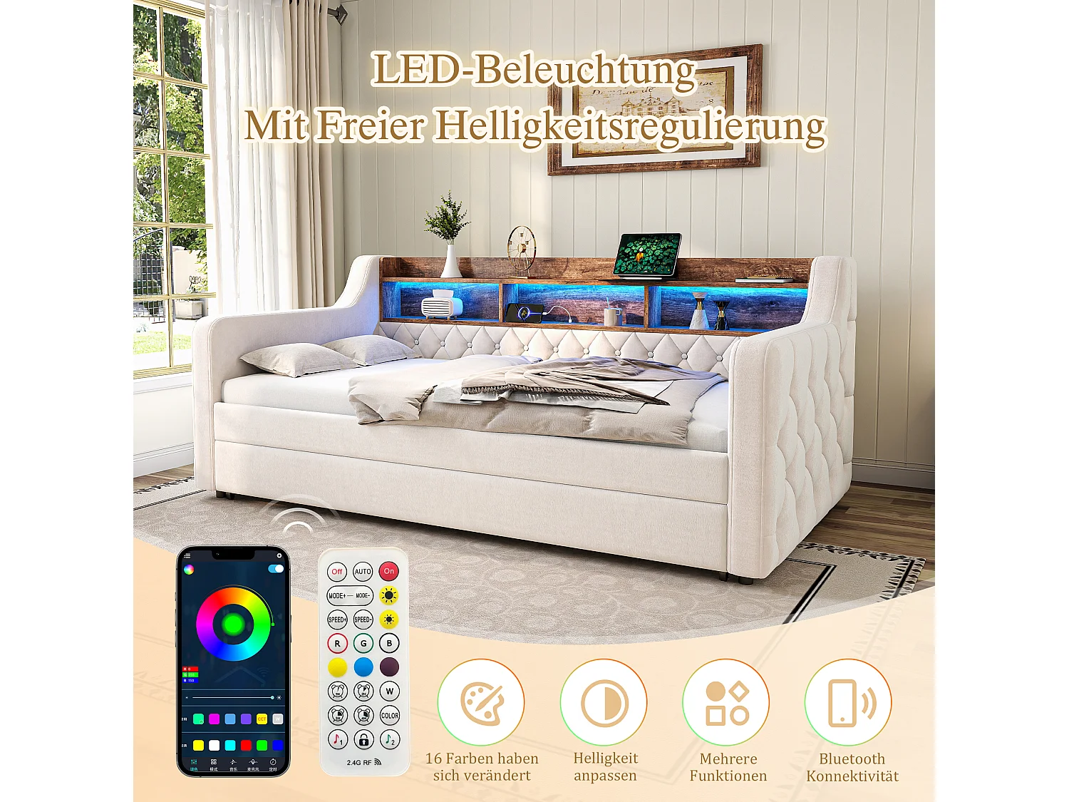 Canapé-lit avec lit gigogne - 2 x 90 x 190 cm - avec étagère de rangement + Leds + USB - velours - Beige