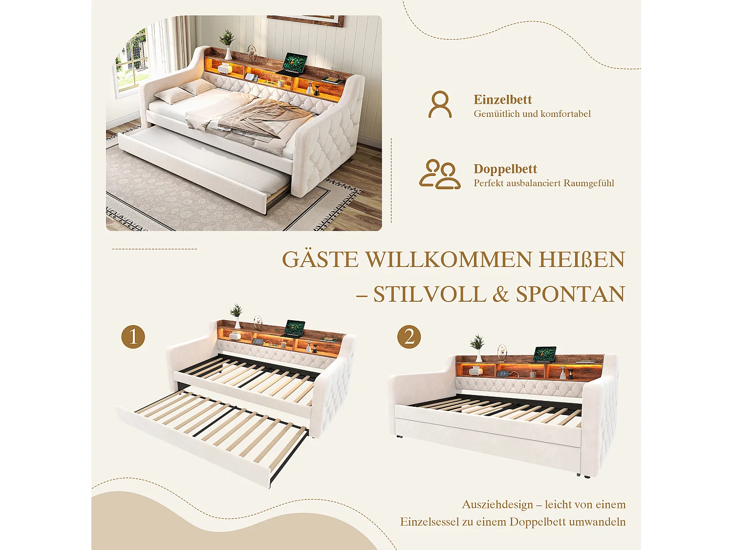 Schlafsofa mit Ausziehfunktion – 2 x 90 x 190 cm – mit Ablagefach, LED-Beleuchtung und USB-Anschluss – Samt – Beige