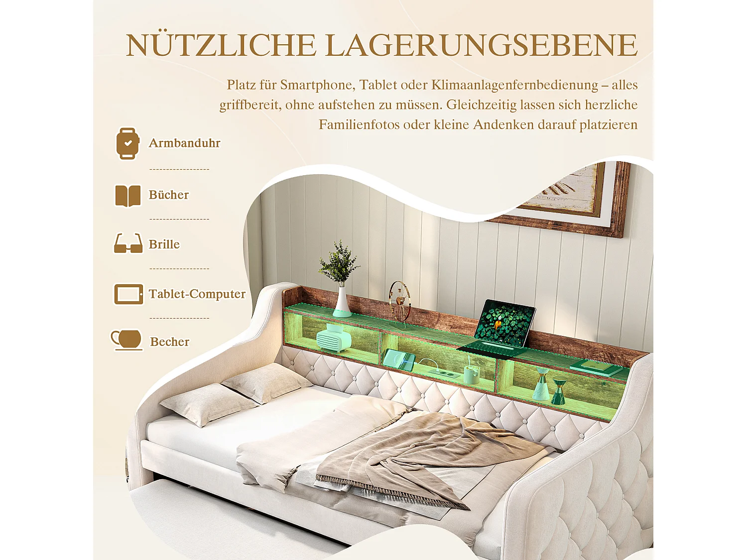 Schlafsofa mit Ausziehfunktion – 2 x 90 x 190 cm – mit Ablagefach, LED-Beleuchtung und USB-Anschluss – Samt – Beige