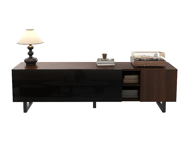 Meuble TV bas à 4 portes - 180 x 38 x 50 cm - design unique - aspect bois vieilli - MDF - noir + naturel cair