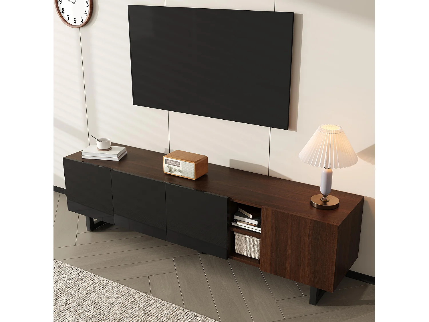 Meuble TV bas à 4 portes - 180 x 38 x 50 cm - design unique - aspect bois vieilli - MDF - noir + naturel cair