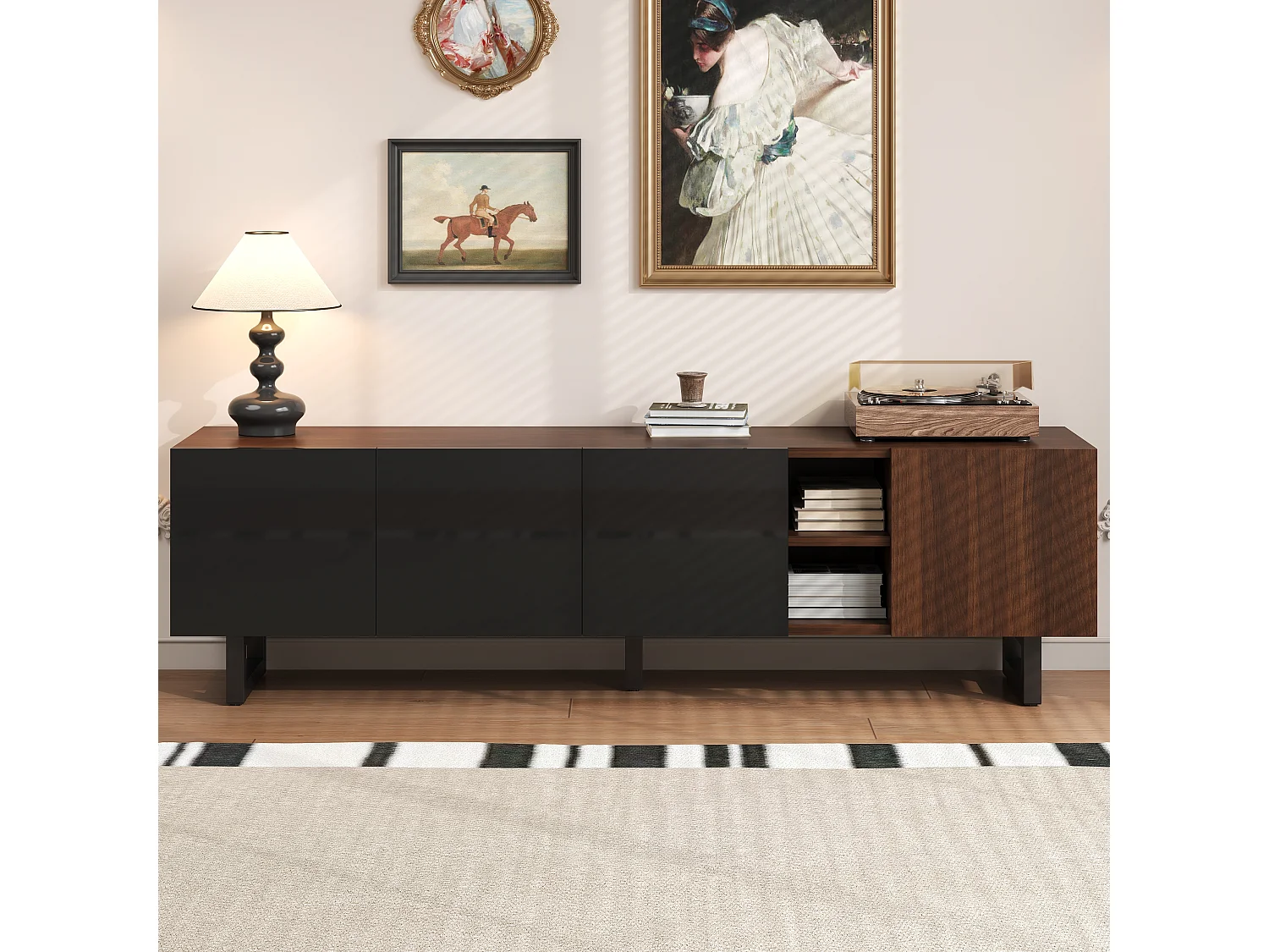 Mobile TV basso con 4 ante - 180 x 38 x 50 cm - design unico - effetto legno invecchiato - MDF - finitura nera + naturale