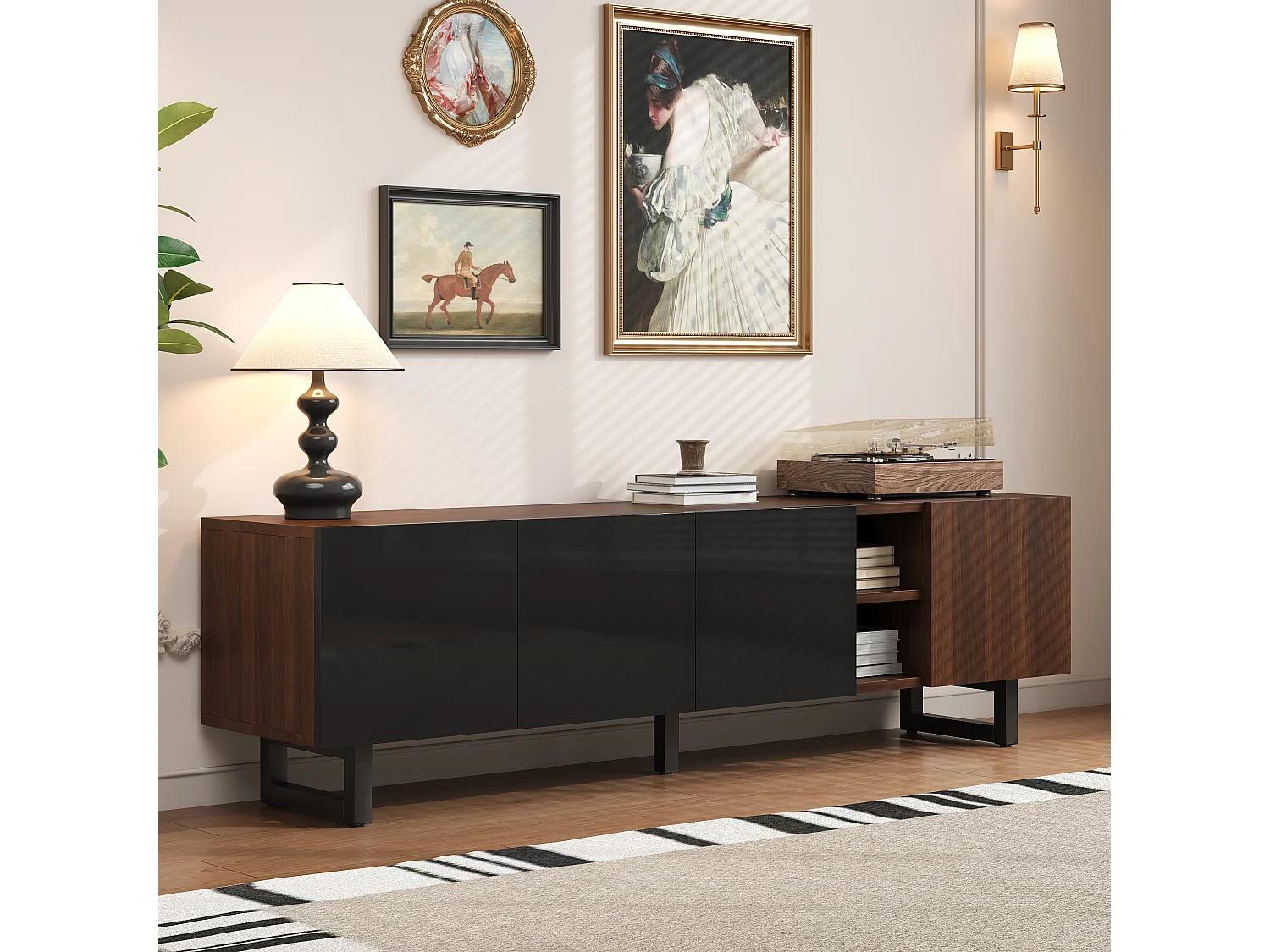 Mobile TV basso con 4 ante - 180 x 38 x 50 cm - design unico - effetto legno invecchiato - MDF - finitura nera + naturale