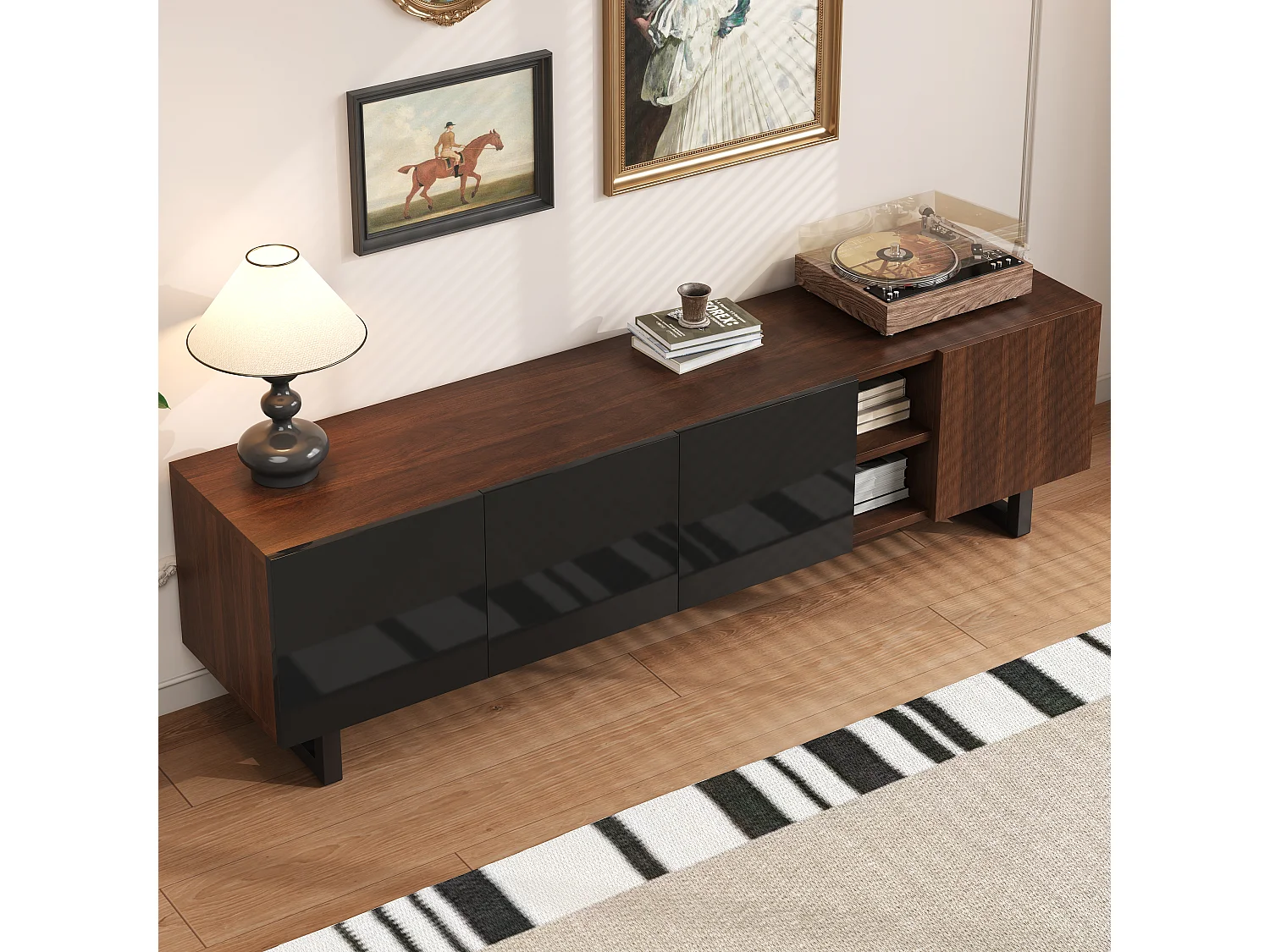 Mobile TV basso con 4 ante - 180 x 38 x 50 cm - design unico - effetto legno invecchiato - MDF - finitura nera + naturale