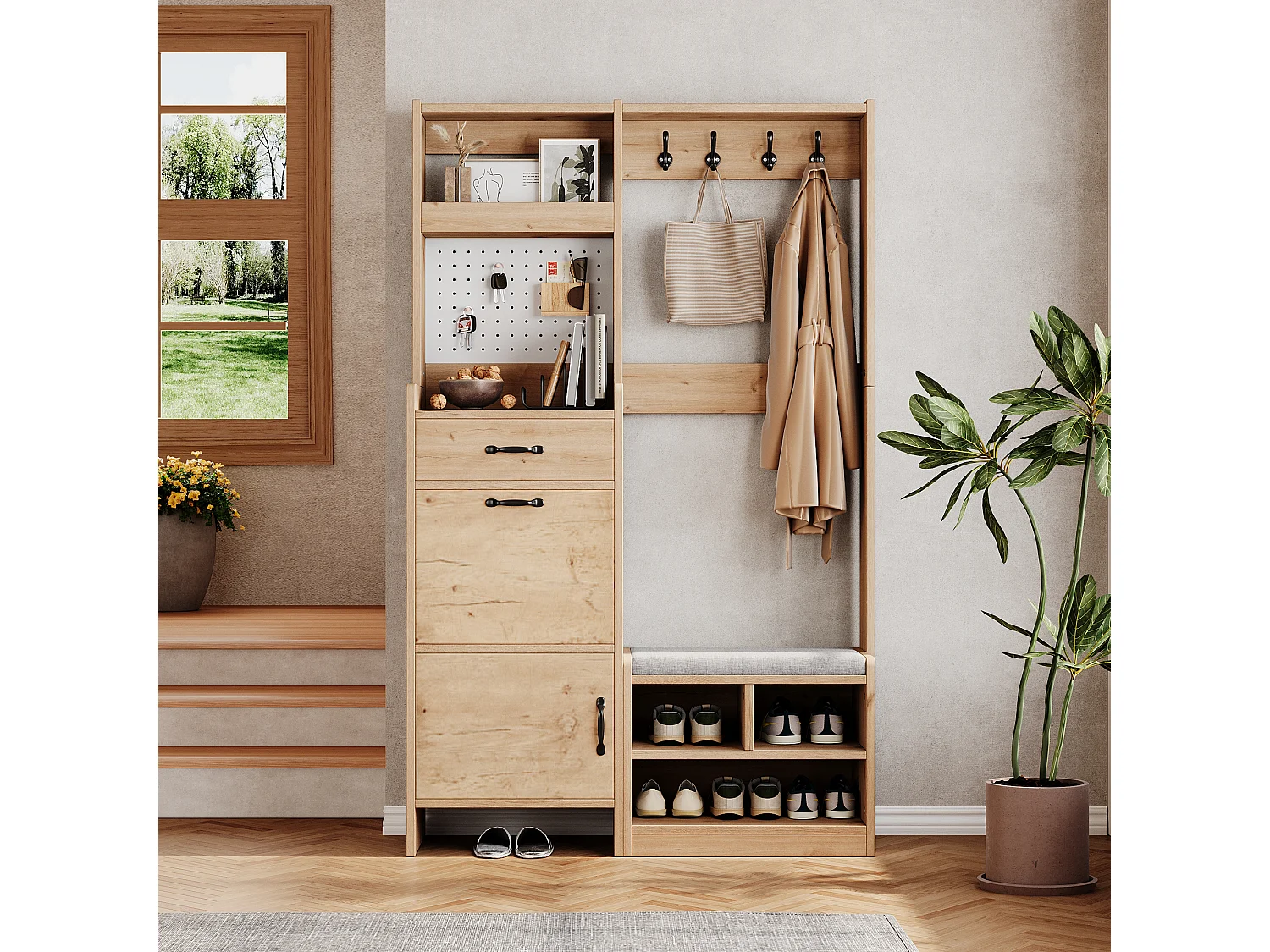 Armario con banco zapatero, 4 ganchos, 1 cajón y 2 puertas - 108,5 x 35 x 180 cm - Tablero de partículas - Natural