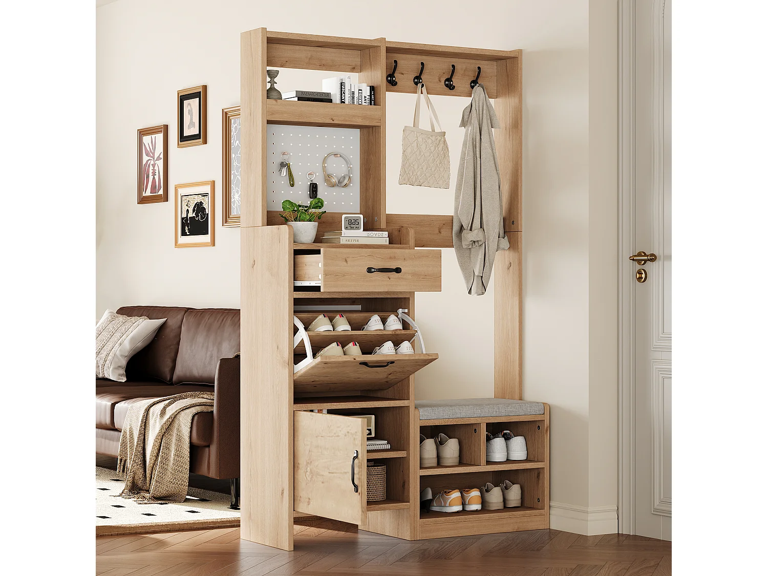 Armario con banco zapatero, 4 ganchos, 1 cajón y 2 puertas - 108,5 x 35 x 180 cm - Tablero de partículas - Natural