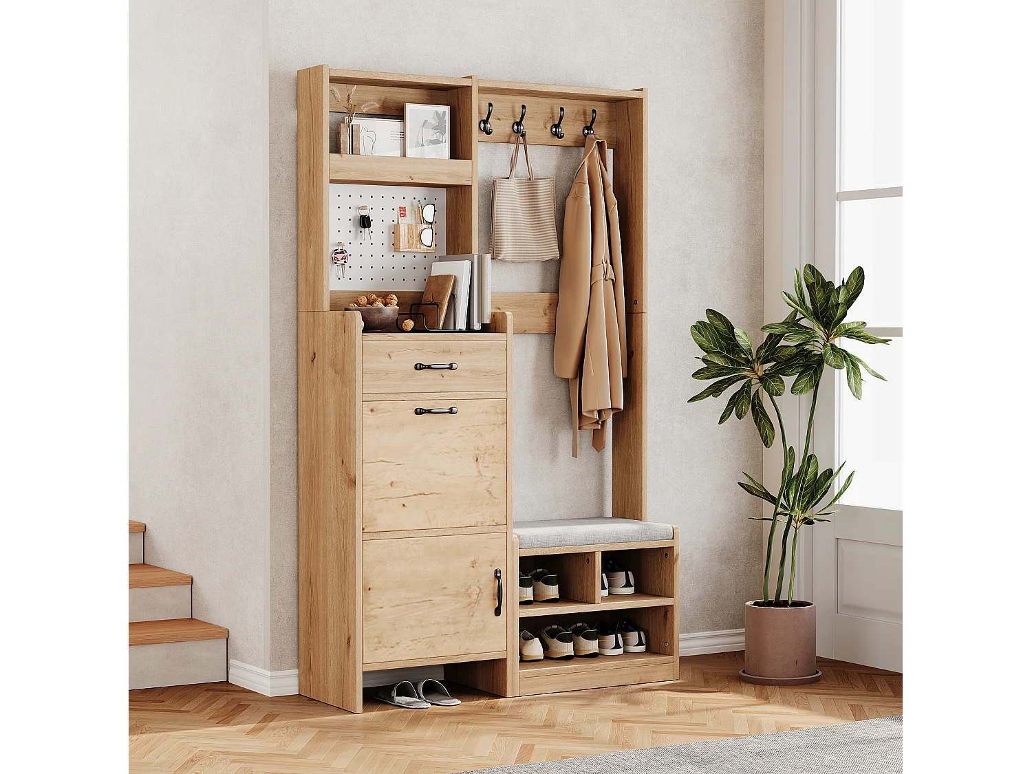 Ensemble armoire/Vestiaire avec banc à chaussures + 4 patères + 1 tiroir et 2 portes - 108.5 x 35 x 180 cm - aggloméré - naturel