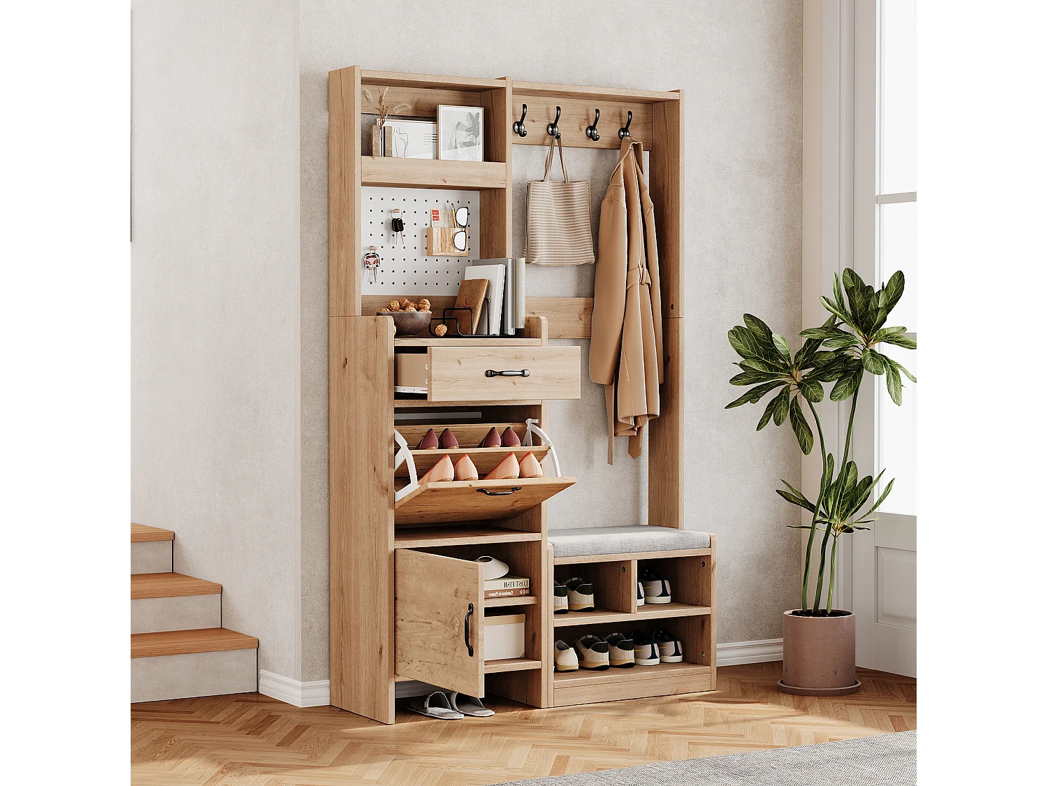 Ensemble armoire/Vestiaire avec banc à chaussures + 4 patères + 1 tiroir et 2 portes - 108.5 x 35 x 180 cm - aggloméré - naturel