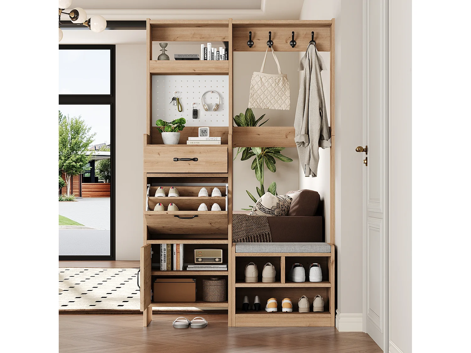 Ensemble armoire/Vestiaire avec banc à chaussures + 4 patères + 1 tiroir et 2 portes - 108.5 x 35 x 180 cm - aggloméré - naturel