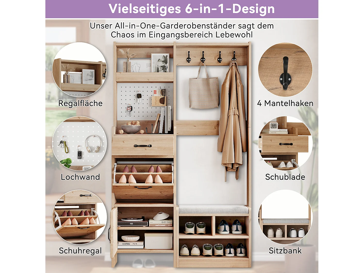 Ensemble armoire/Vestiaire avec banc à chaussures + 4 patères + 1 tiroir et 2 portes - 108.5 x 35 x 180 cm - aggloméré - naturel