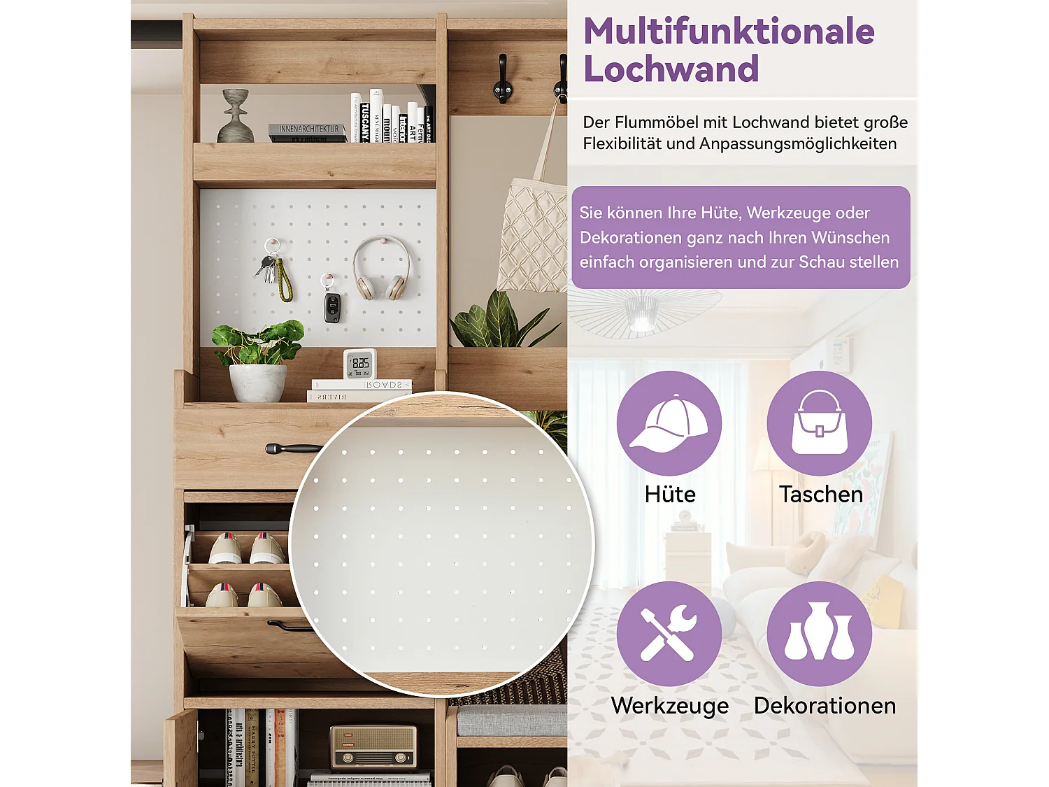 Ensemble armoire/Vestiaire avec banc à chaussures + 4 patères + 1 tiroir et 2 portes - 108.5 x 35 x 180 cm - aggloméré - naturel