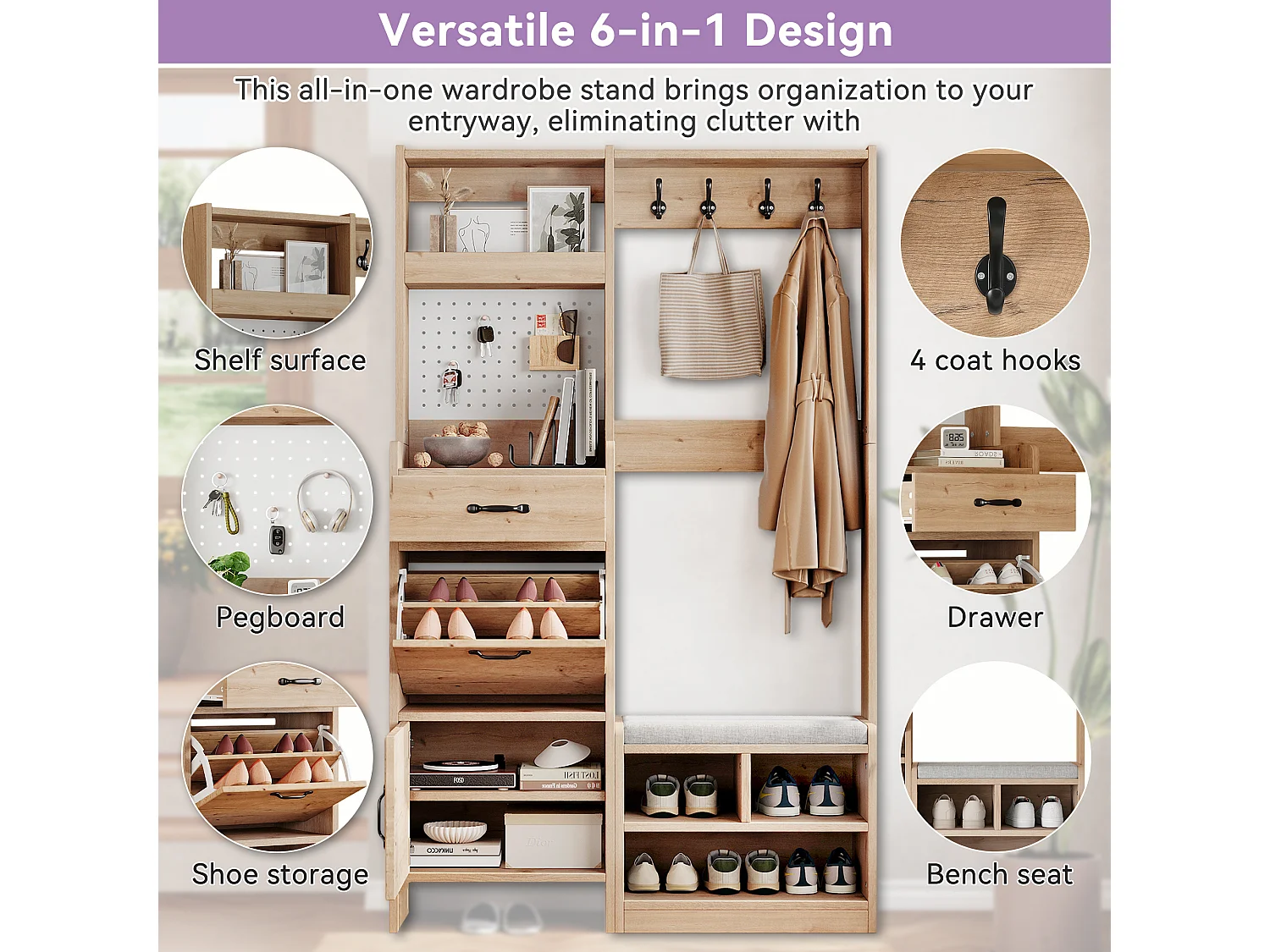 Ensemble armoire/Vestiaire avec banc à chaussures + 4 patères + 1 tiroir et 2 portes - 108.5 x 35 x 180 cm - aggloméré - naturel