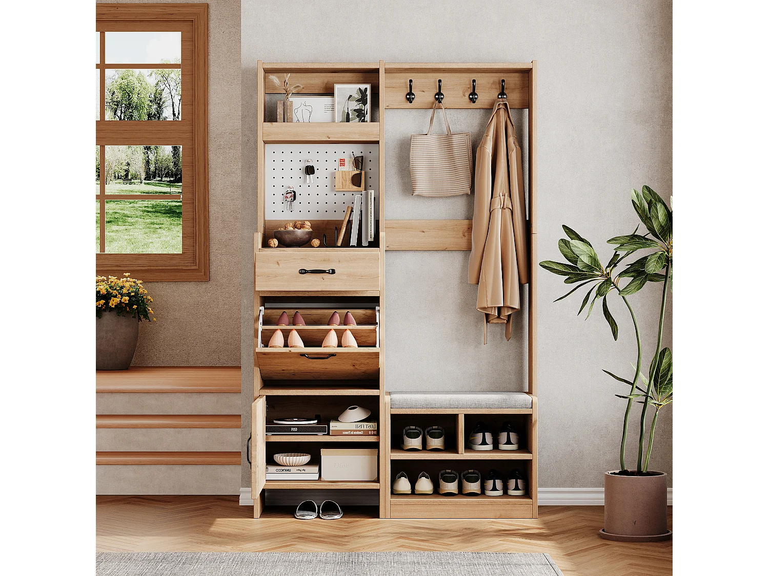 Ensemble armoire/Vestiaire avec banc à chaussures + 4 patères + 1 tiroir et 2 portes - 108.5 x 35 x 180 cm - aggloméré - naturel
