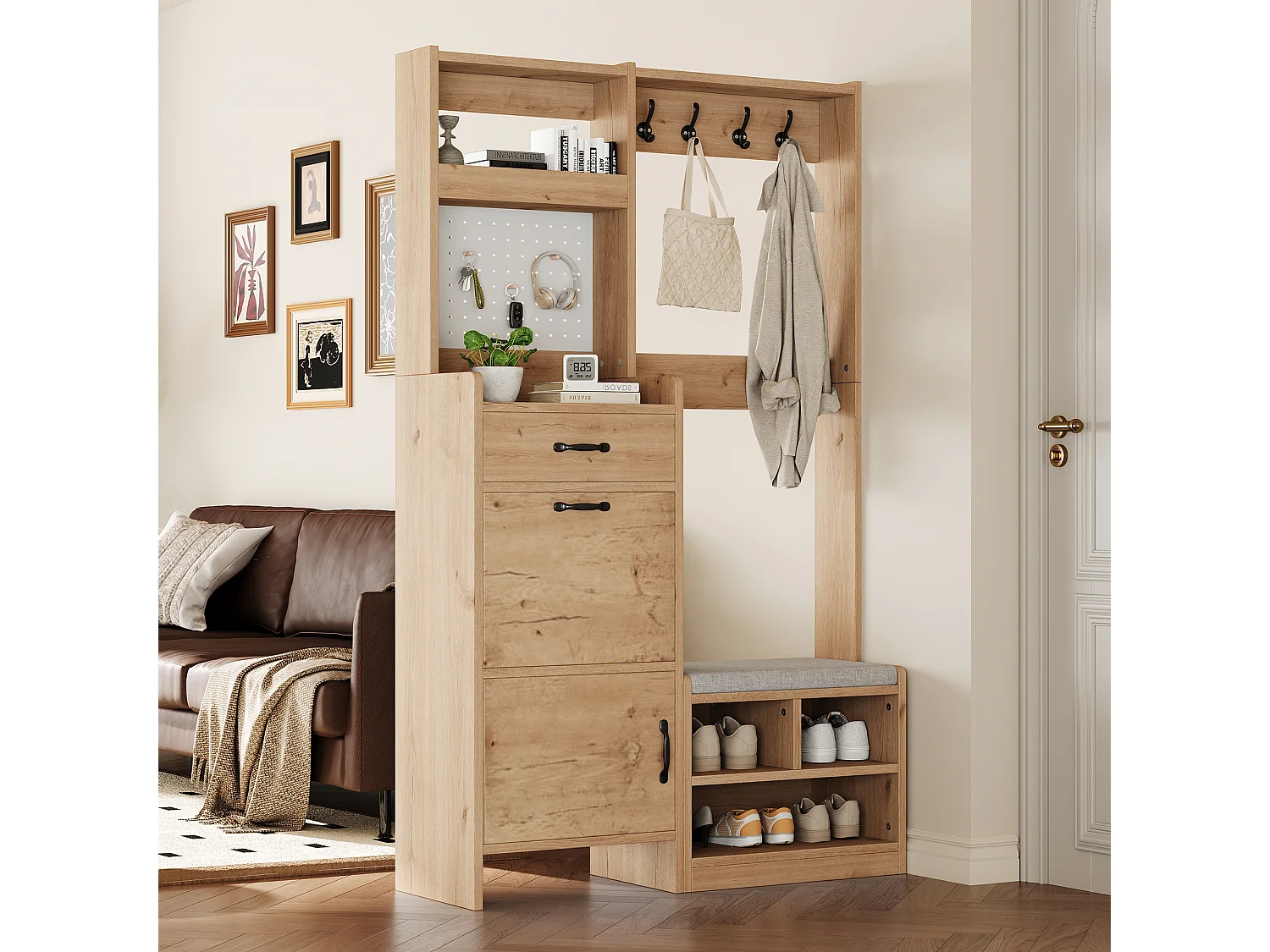 Ensemble armoire/Vestiaire avec banc à chaussures + 4 patères + 1 tiroir et 2 portes - 108.5 x 35 x 180 cm - aggloméré - naturel