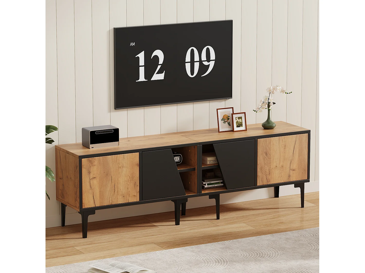 TV-Möbel fürs Wohnzimmer, 160 x 36,5 x 45 cm – mit 4 Türen – niedriges Gestell mit 7 Beinen – Spanplatte – natur
