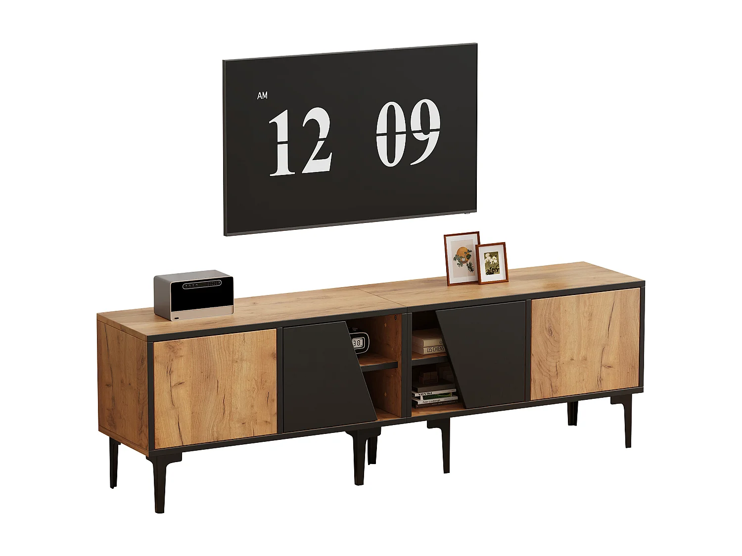 TV-Möbel fürs Wohnzimmer, 160 x 36,5 x 45 cm – mit 4 Türen – niedriges Gestell mit 7 Beinen – Spanplatte – natur