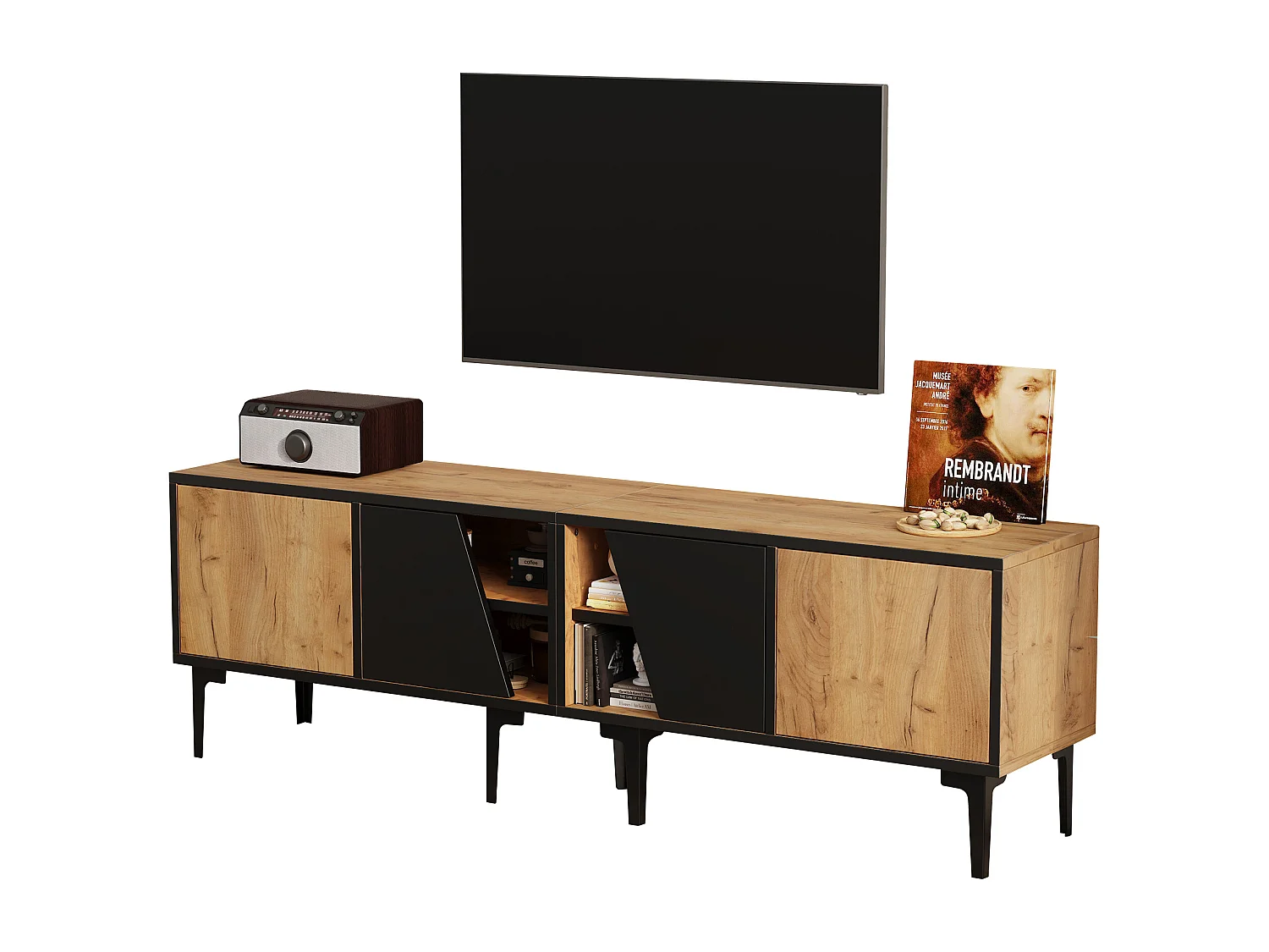 Meuble TV de salon 160 x 36.5 x 45 cm - avec 4 portes - plateau bas à 7 pieds - aggloméré - naturel