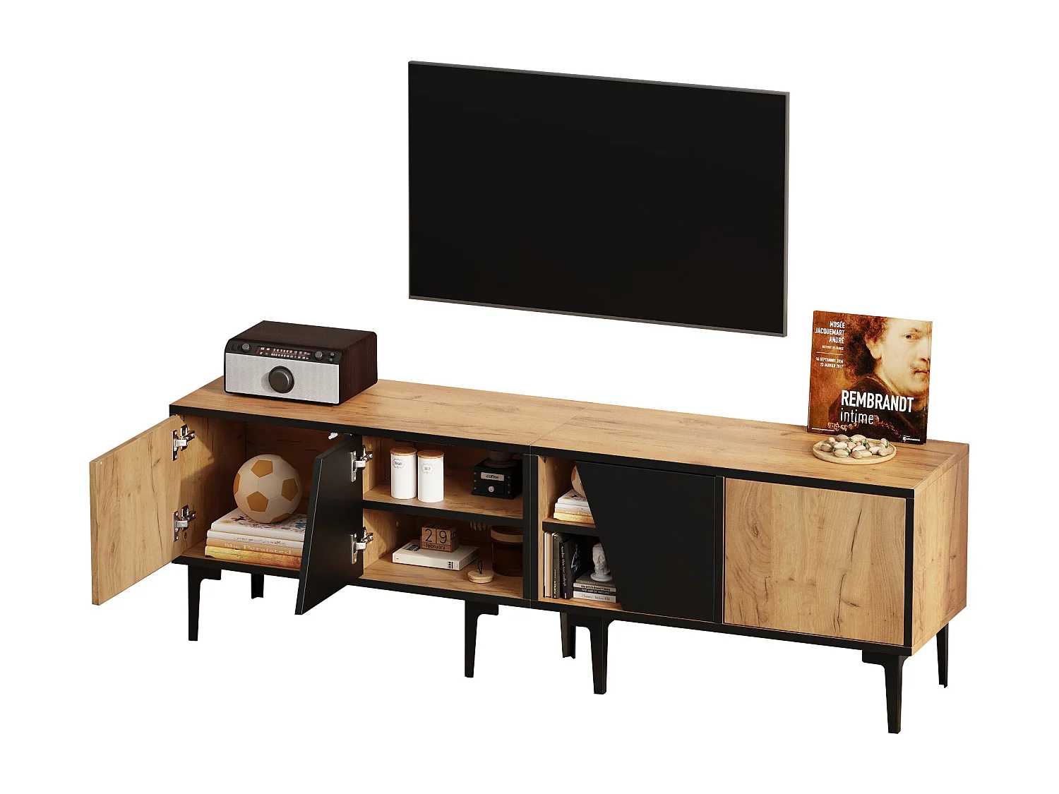 Meuble TV de salon 160 x 36.5 x 45 cm - avec 4 portes - plateau bas à 7 pieds - aggloméré - naturel