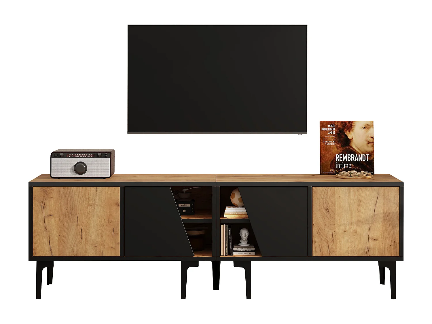 Meuble TV de salon 160 x 36.5 x 45 cm - avec 4 portes - plateau bas à 7 pieds - aggloméré - naturel