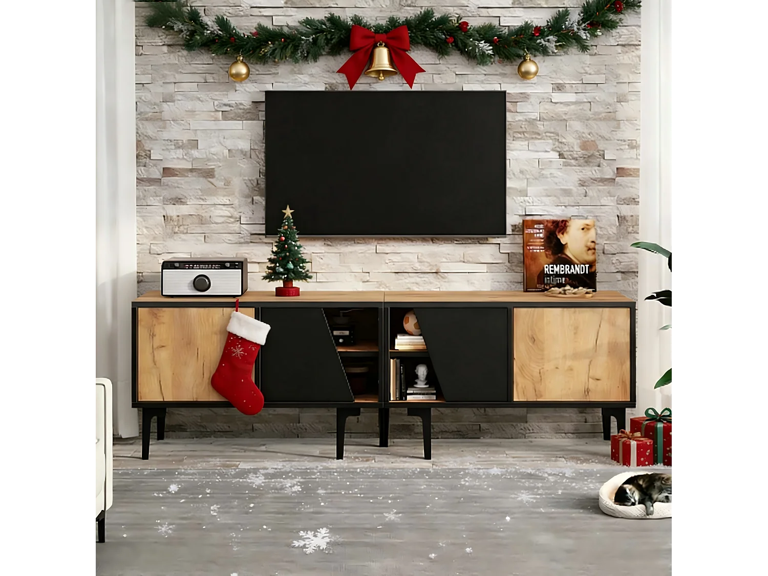 Meuble TV de salon 160 x 36.5 x 45 cm - avec 4 portes - plateau bas à 7 pieds - aggloméré - naturel