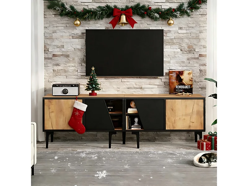 Meuble TV de salon 160 x 36.5 x 45 cm - avec 4 portes - plateau bas à 7 pieds - aggloméré - naturel