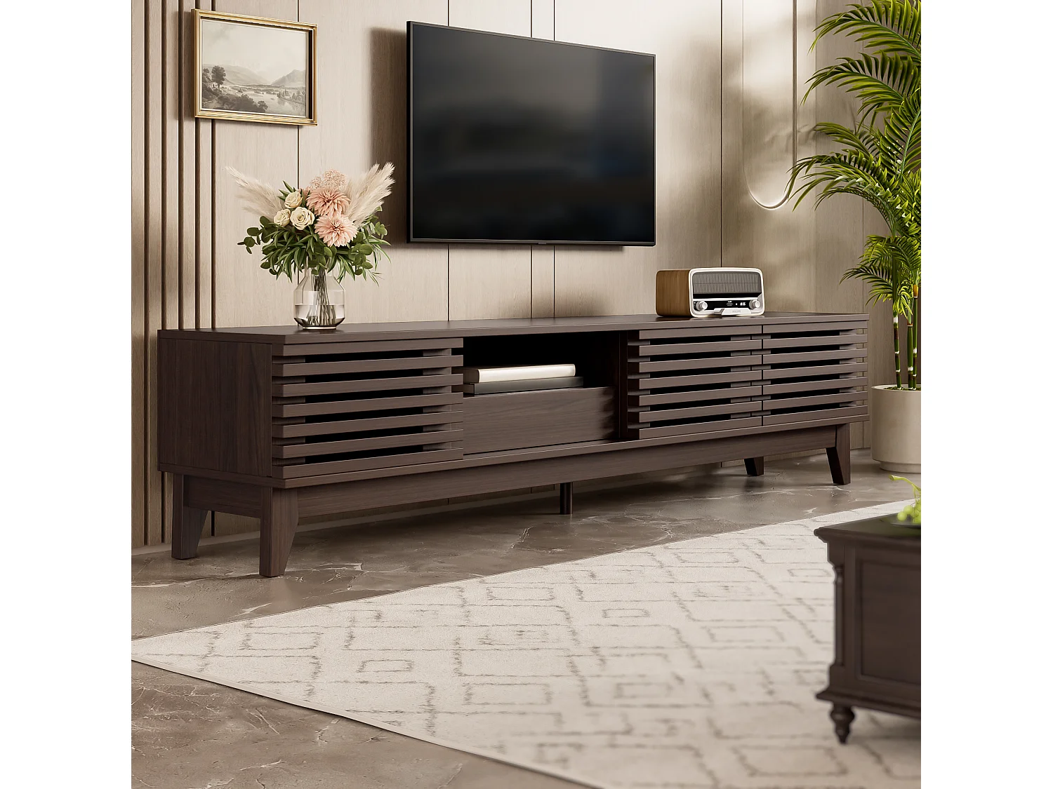 Vintage-TV-Ständer – 170 x 35 x 40 cm – mit 1 Schublade und 3 Türen – einzigartiges Design – Spanplatte – natur