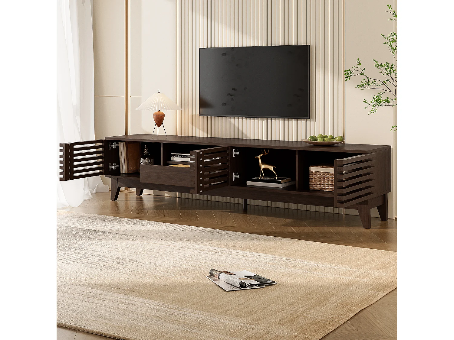 Meuble TV vintage - 170 x 35 x 40 cm - avec 1 tiroir + 3 portes - design unique - aggloméré - naturel