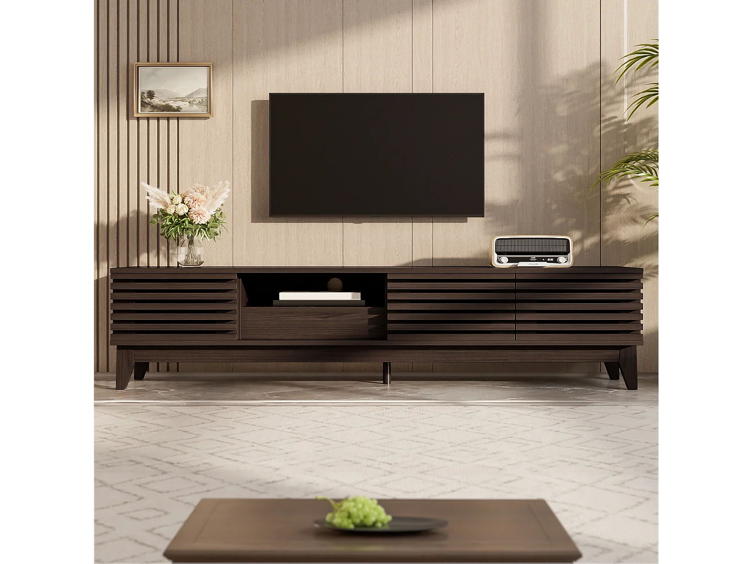 Vintage-TV-Ständer – 170 x 35 x 40 cm – mit 1 Schublade und 3 Türen – einzigartiges Design – Spanplatte – natur