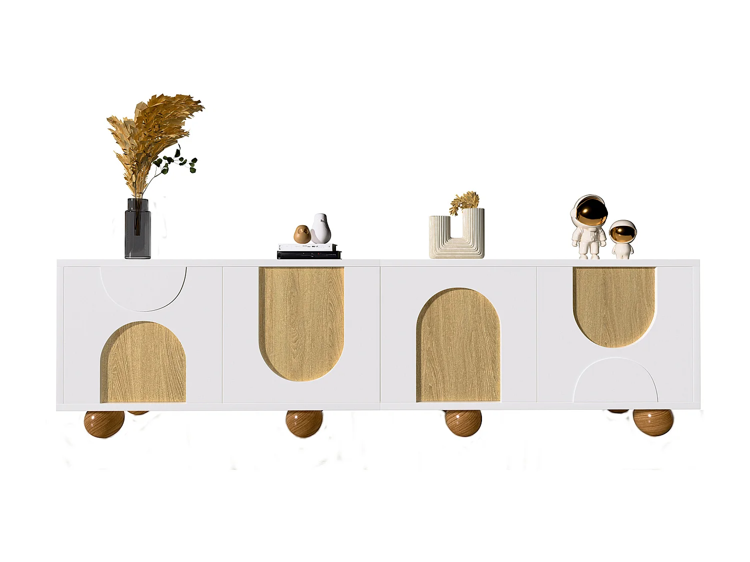 Meuble TV à 4 portes - 175 x 38 x 50 cm - design unique - aspect bois vieilli - MDF - blanc + naturel