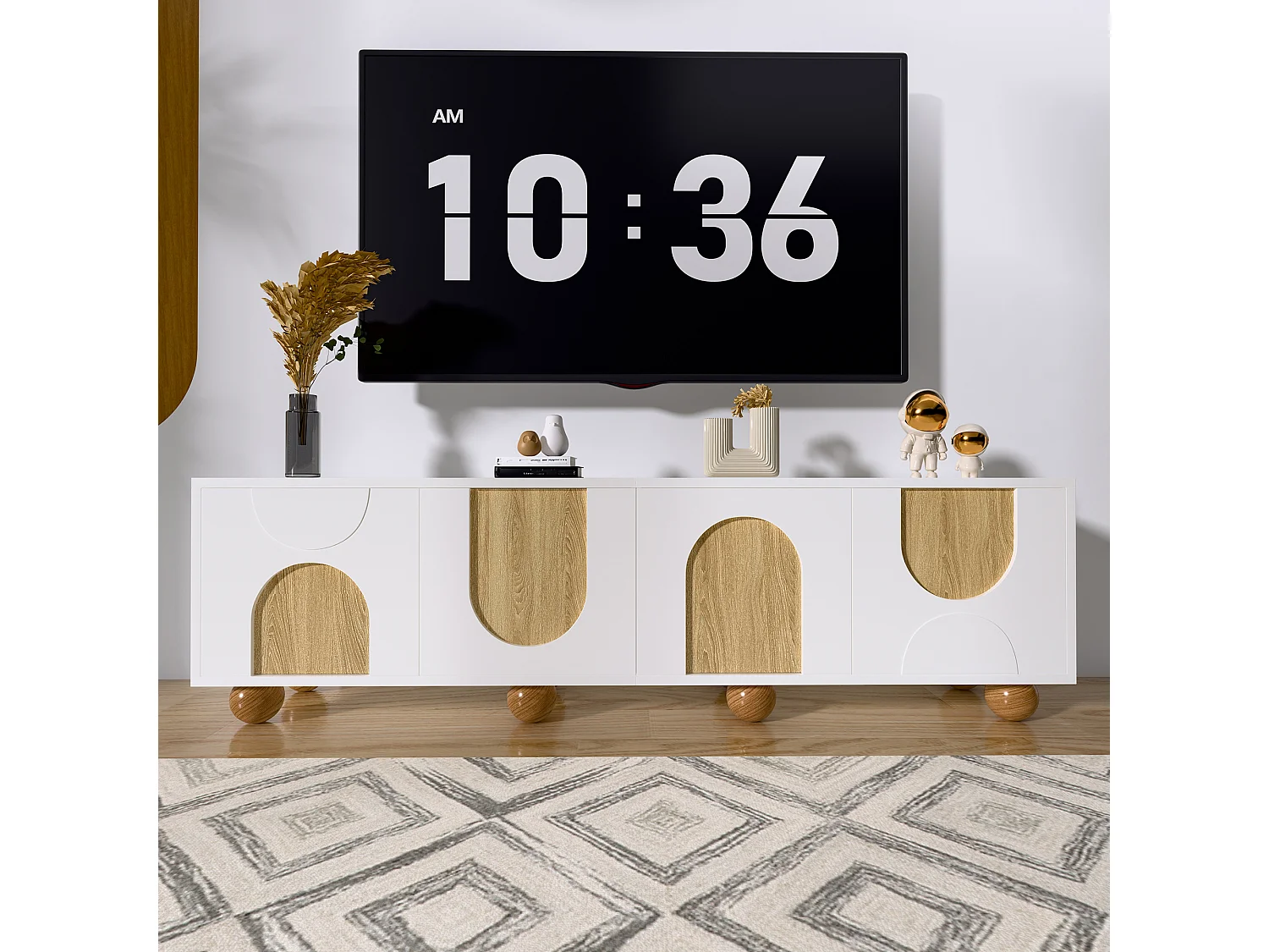 Meuble TV à 4 portes - 175 x 38 x 50 cm - design unique - aspect bois vieilli - MDF - blanc + naturel