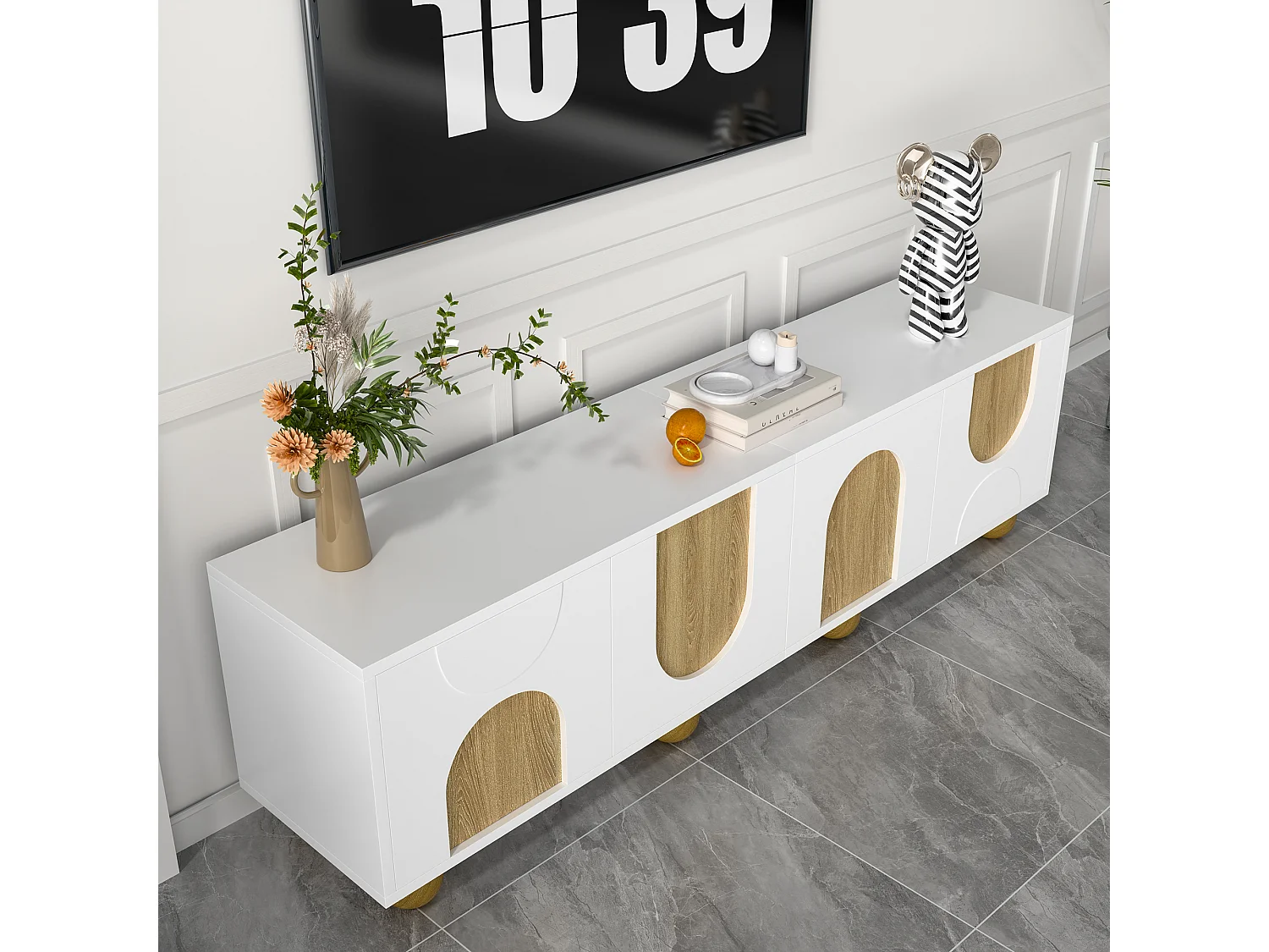 Meuble TV à 4 portes - 175 x 38 x 50 cm - design unique - aspect bois vieilli - MDF - blanc + naturel