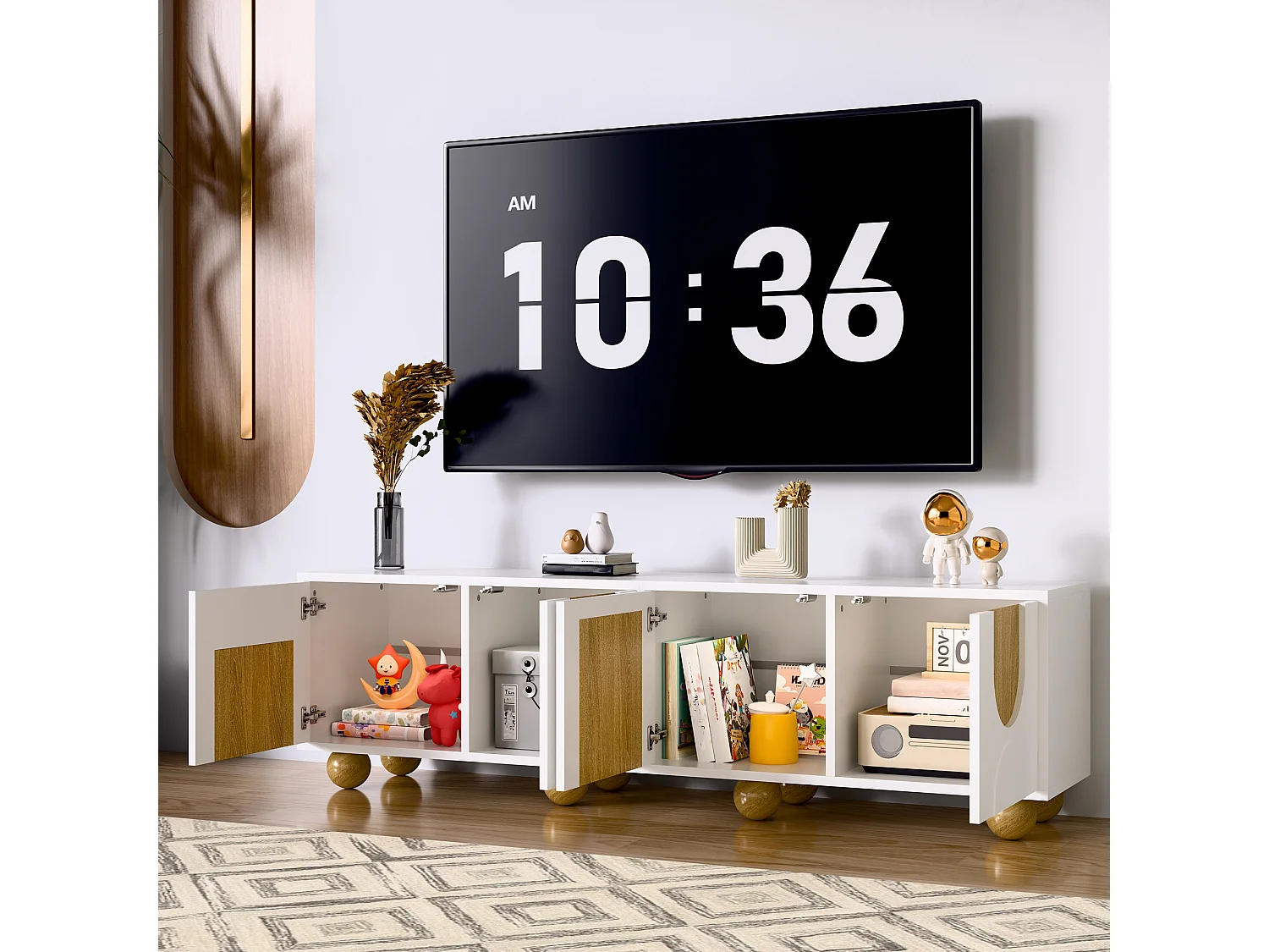 4-türiger TV-Ständer – 175 x 38 x 50 cm – einzigartiges Design – Holzoptik im Antik-Look – MDF – weiß + natur