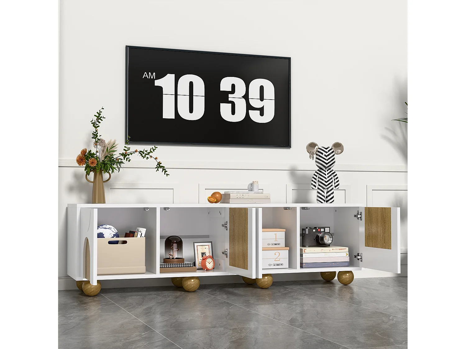 4-türiger TV-Ständer – 175 x 38 x 50 cm – einzigartiges Design – Holzoptik im Antik-Look – MDF – weiß + natur