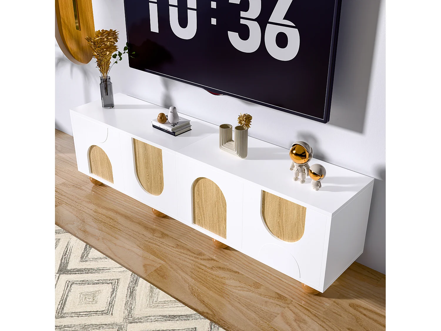 4-türiger TV-Ständer – 175 x 38 x 50 cm – einzigartiges Design – Holzoptik im Antik-Look – MDF – weiß + natur