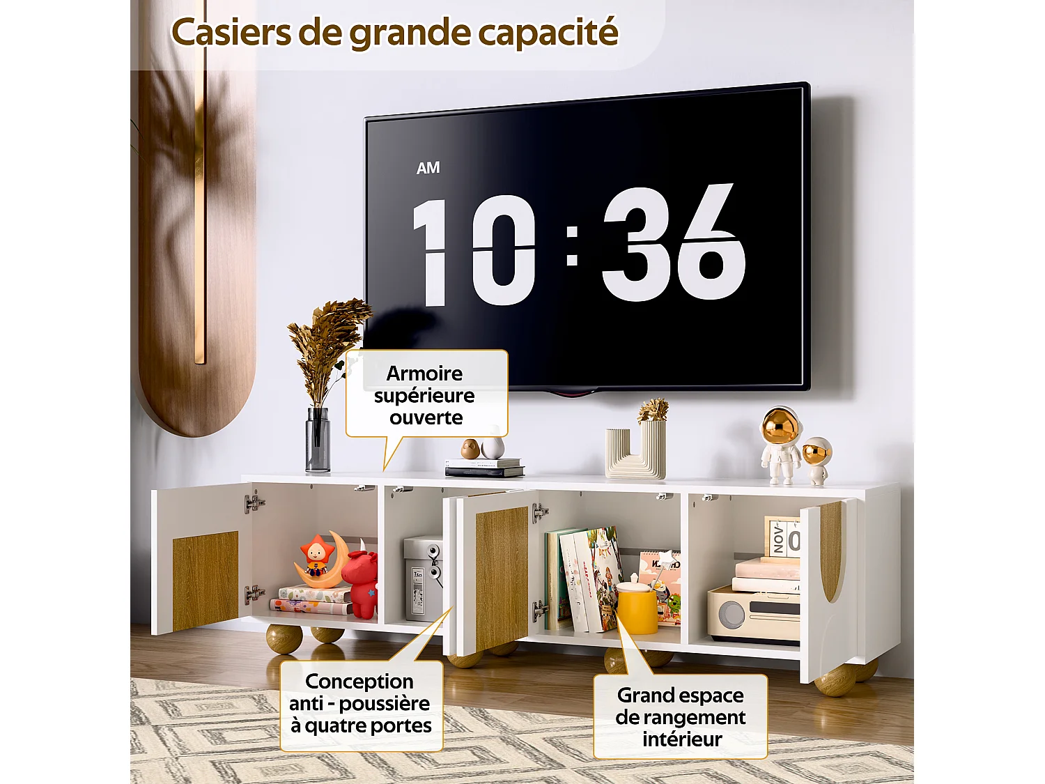 4-türiger TV-Ständer – 175 x 38 x 50 cm – einzigartiges Design – Holzoptik im Antik-Look – MDF – weiß + natur